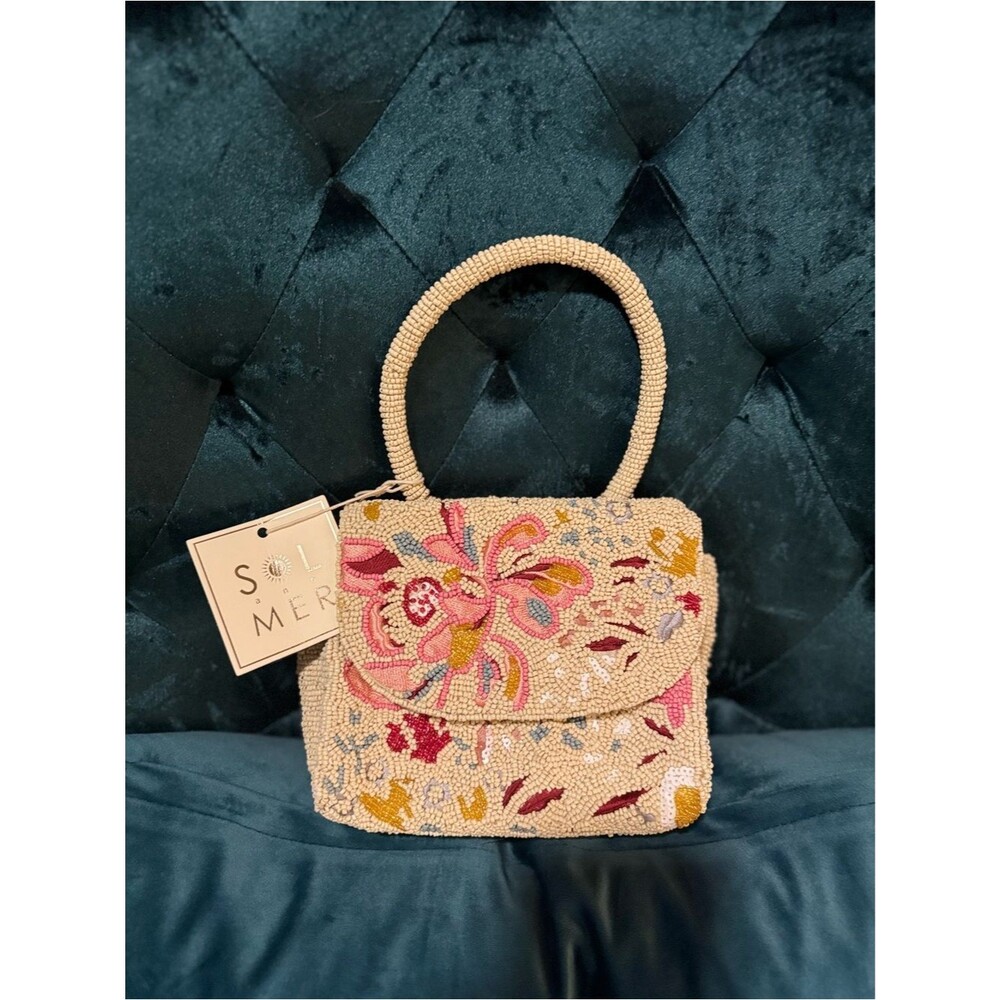 NWT Sol and Mer Beaded Floral Top Handle Bag Jacobean Pink Burgundy